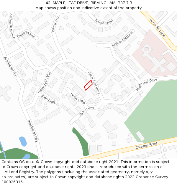 43, MAPLE LEAF DRIVE, BIRMINGHAM, B37 7JB: Location map and indicative extent of plot