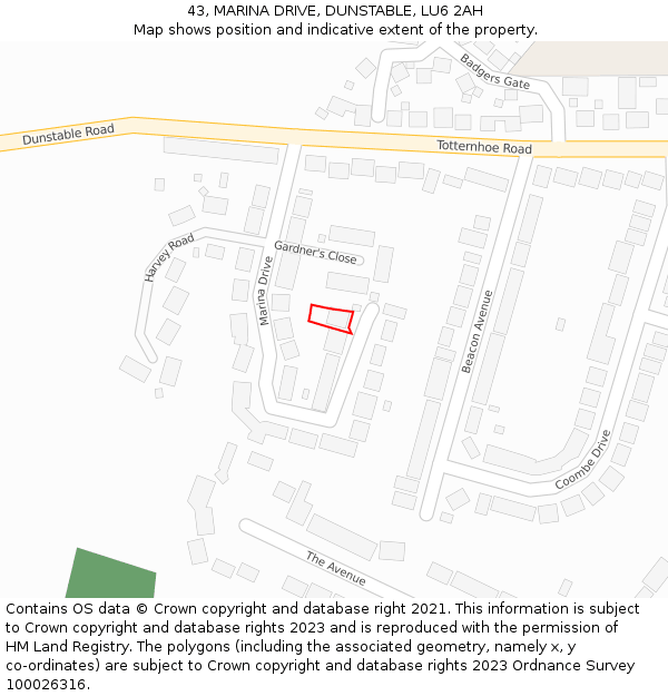 43, MARINA DRIVE, DUNSTABLE, LU6 2AH: Location map and indicative extent of plot