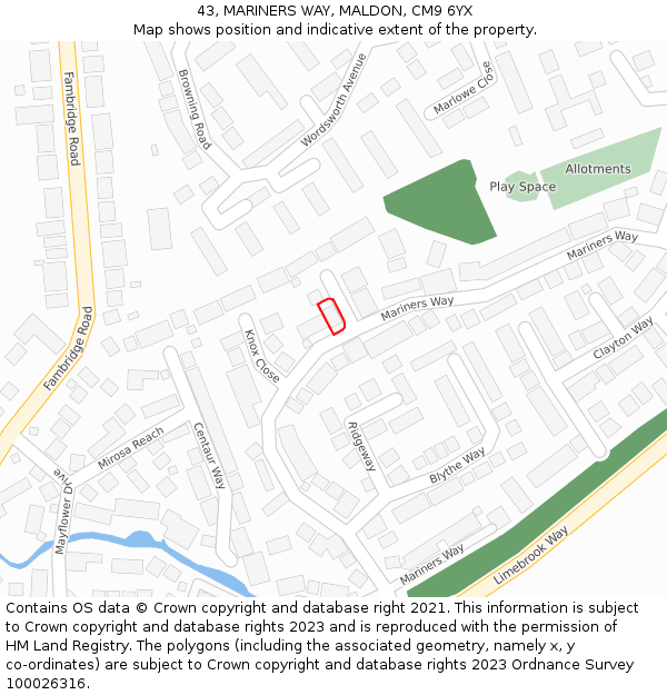 43, MARINERS WAY, MALDON, CM9 6YX: Location map and indicative extent of plot