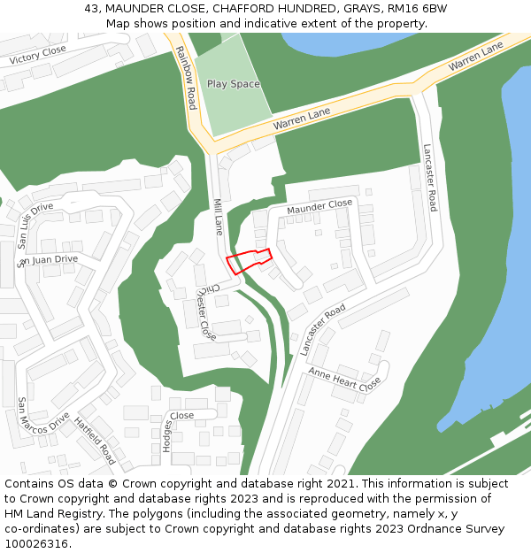 43, MAUNDER CLOSE, CHAFFORD HUNDRED, GRAYS, RM16 6BW: Location map and indicative extent of plot