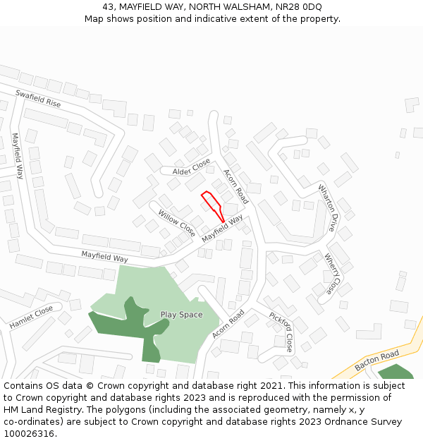 43, MAYFIELD WAY, NORTH WALSHAM, NR28 0DQ: Location map and indicative extent of plot