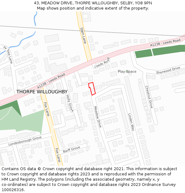 43, MEADOW DRIVE, THORPE WILLOUGHBY, SELBY, YO8 9PN: Location map and indicative extent of plot