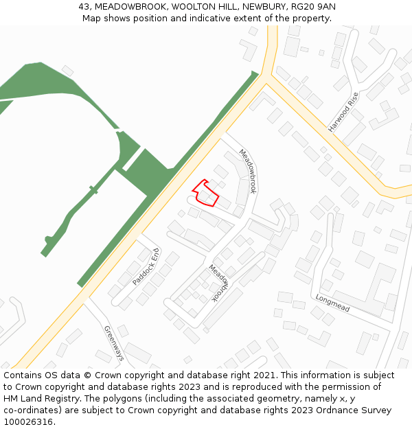 43, MEADOWBROOK, WOOLTON HILL, NEWBURY, RG20 9AN: Location map and indicative extent of plot