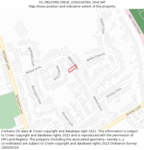 43, MELFORD DRIVE, DONCASTER, DN4 9AT: Location map and indicative extent of plot