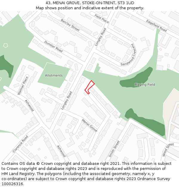 43, MENAI GROVE, STOKE-ON-TRENT, ST3 1UD: Location map and indicative extent of plot