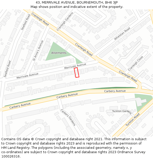 43, MERRIVALE AVENUE, BOURNEMOUTH, BH6 3JP: Location map and indicative extent of plot