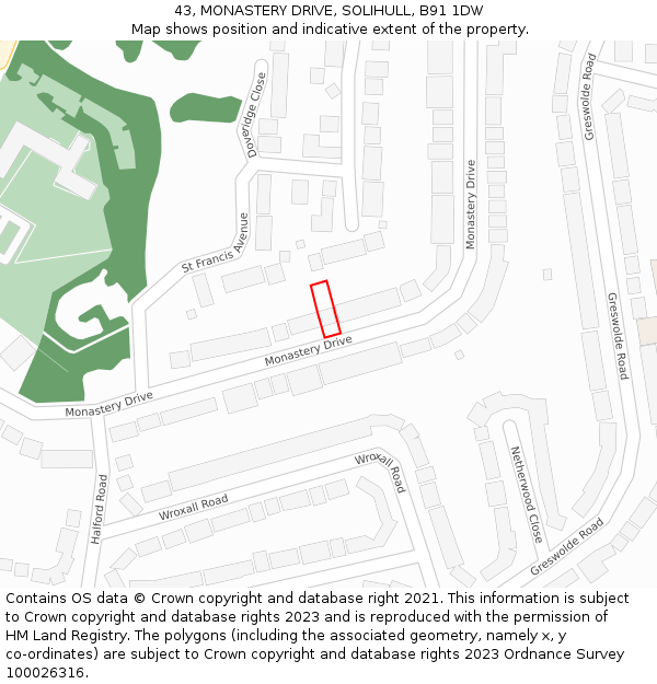 43, MONASTERY DRIVE, SOLIHULL, B91 1DW: Location map and indicative extent of plot