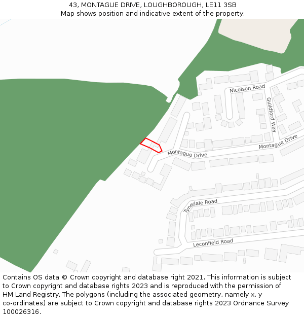 43, MONTAGUE DRIVE, LOUGHBOROUGH, LE11 3SB: Location map and indicative extent of plot