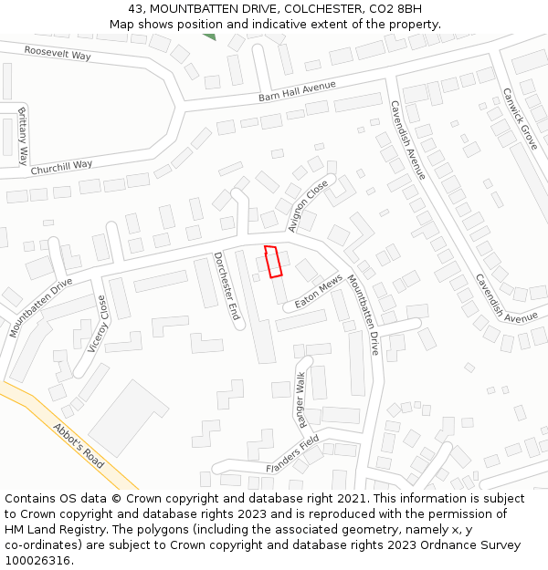 43, MOUNTBATTEN DRIVE, COLCHESTER, CO2 8BH: Location map and indicative extent of plot
