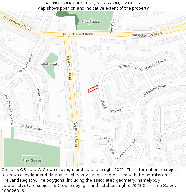 43, NORFOLK CRESCENT, NUNEATON, CV10 8BY: Location map and indicative extent of plot