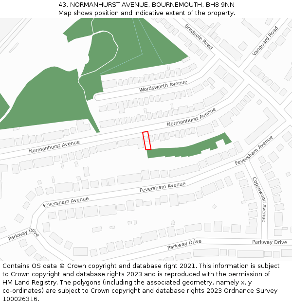 43, NORMANHURST AVENUE, BOURNEMOUTH, BH8 9NN: Location map and indicative extent of plot