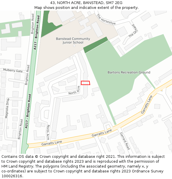 43, NORTH ACRE, BANSTEAD, SM7 2EG: Location map and indicative extent of plot