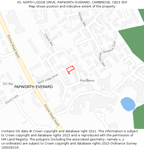 43, NORTH LODGE DRIVE, PAPWORTH EVERARD, CAMBRIDGE, CB23 3NY: Location map and indicative extent of plot