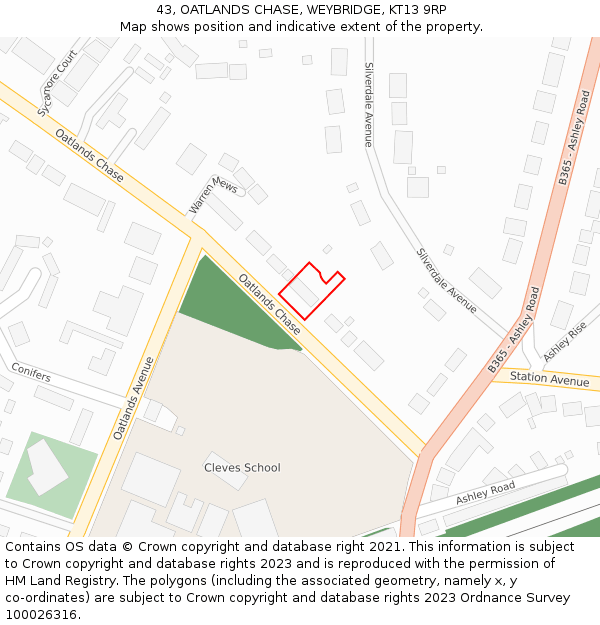 43, OATLANDS CHASE, WEYBRIDGE, KT13 9RP: Location map and indicative extent of plot