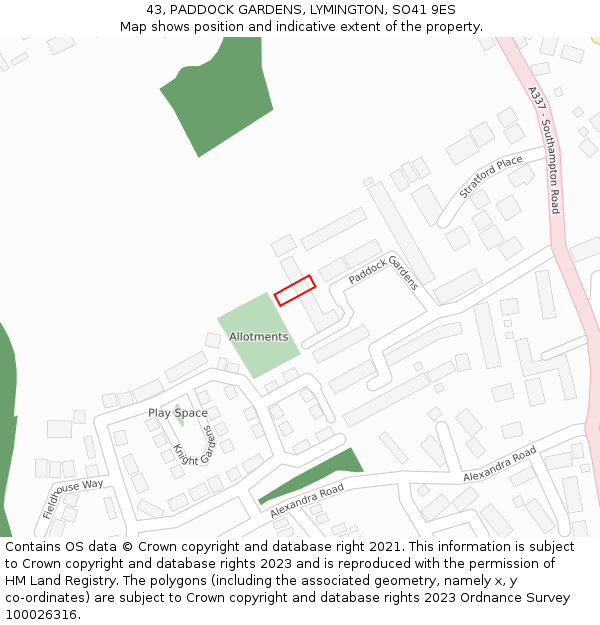 43, PADDOCK GARDENS, LYMINGTON, SO41 9ES: Location map and indicative extent of plot