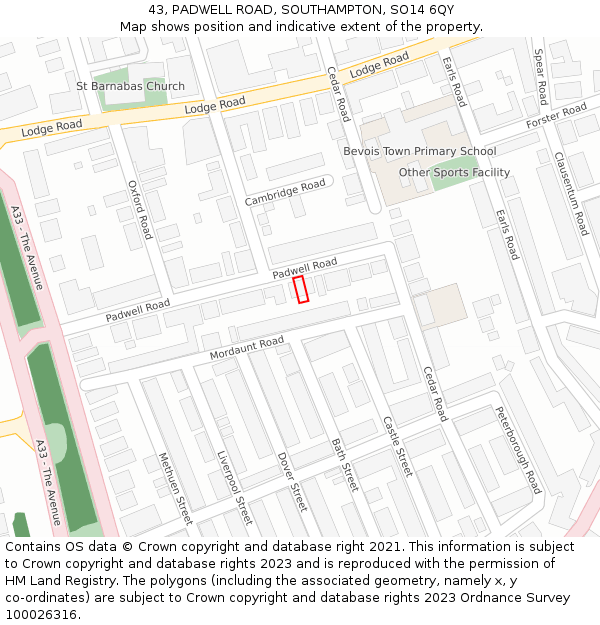 43, PADWELL ROAD, SOUTHAMPTON, SO14 6QY: Location map and indicative extent of plot