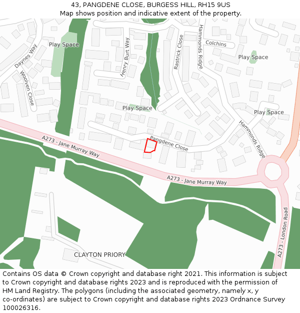 43, PANGDENE CLOSE, BURGESS HILL, RH15 9US: Location map and indicative extent of plot