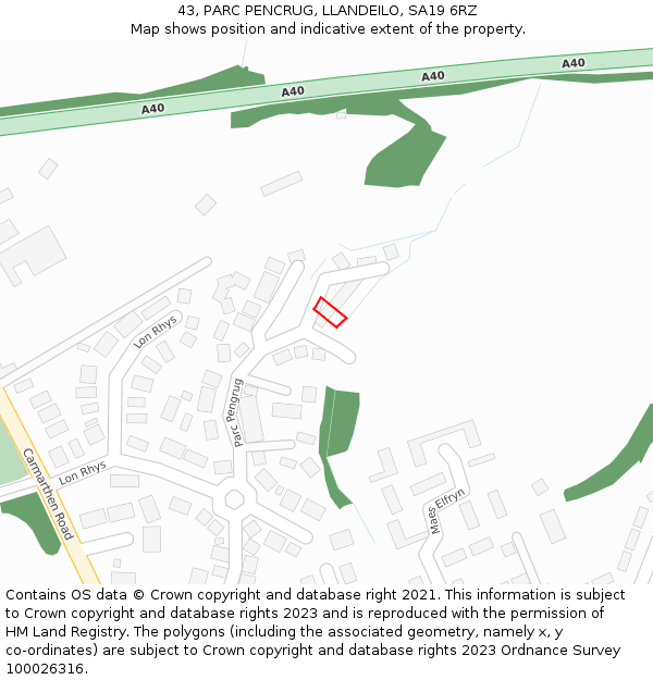 43, PARC PENCRUG, LLANDEILO, SA19 6RZ: Location map and indicative extent of plot