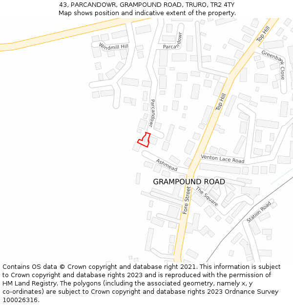 43, PARCANDOWR, GRAMPOUND ROAD, TRURO, TR2 4TY: Location map and indicative extent of plot