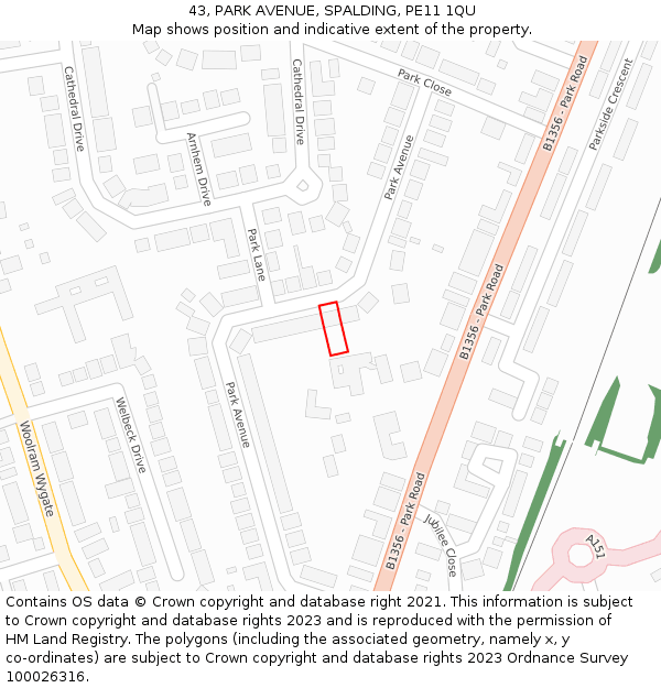 43, PARK AVENUE, SPALDING, PE11 1QU: Location map and indicative extent of plot