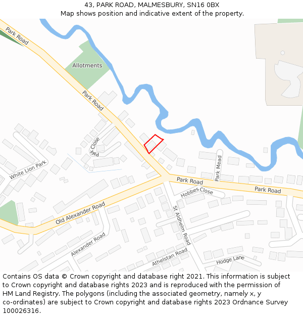 43, PARK ROAD, MALMESBURY, SN16 0BX: Location map and indicative extent of plot