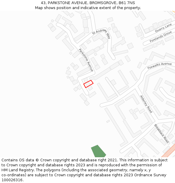 43, PARKSTONE AVENUE, BROMSGROVE, B61 7NS: Location map and indicative extent of plot