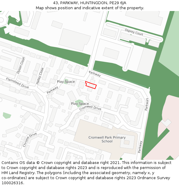 43, PARKWAY, HUNTINGDON, PE29 6JA: Location map and indicative extent of plot