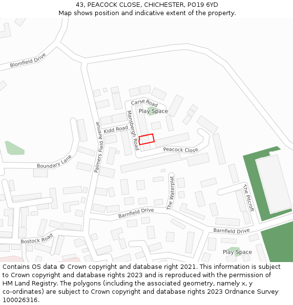43, PEACOCK CLOSE, CHICHESTER, PO19 6YD: Location map and indicative extent of plot
