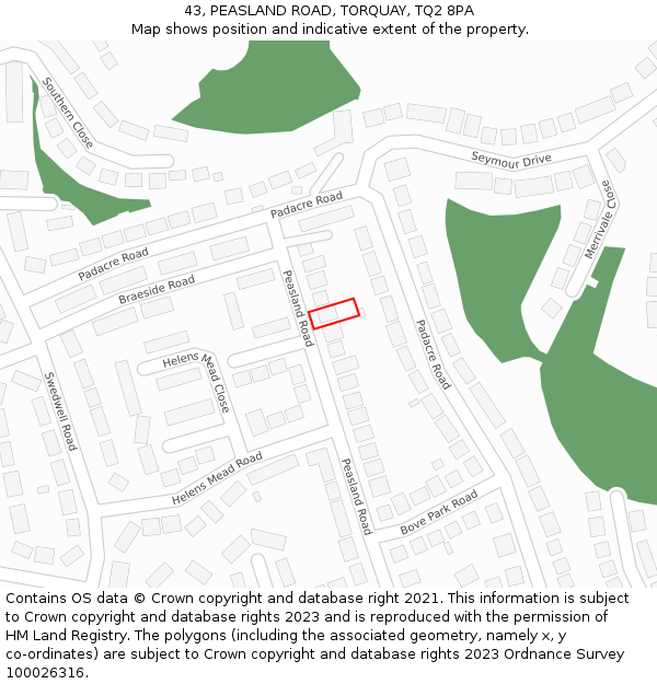 43, PEASLAND ROAD, TORQUAY, TQ2 8PA: Location map and indicative extent of plot