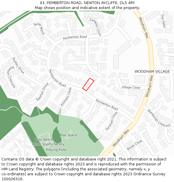 43, PEMBERTON ROAD, NEWTON AYCLIFFE, DL5 4RY: Location map and indicative extent of plot