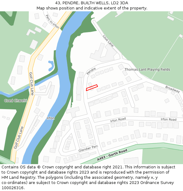 43, PENDRE, BUILTH WELLS, LD2 3DA: Location map and indicative extent of plot