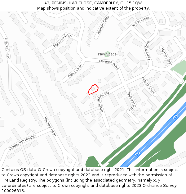 43, PENINSULAR CLOSE, CAMBERLEY, GU15 1QW: Location map and indicative extent of plot