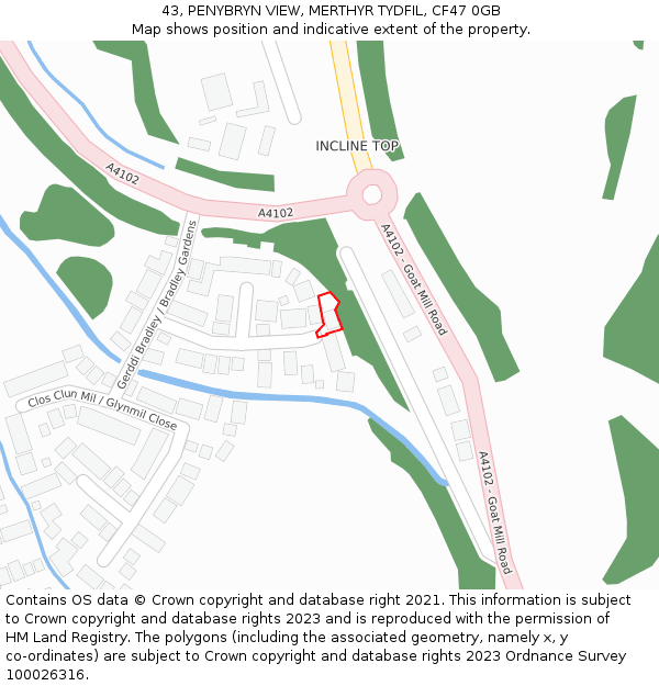 43, PENYBRYN VIEW, MERTHYR TYDFIL, CF47 0GB: Location map and indicative extent of plot