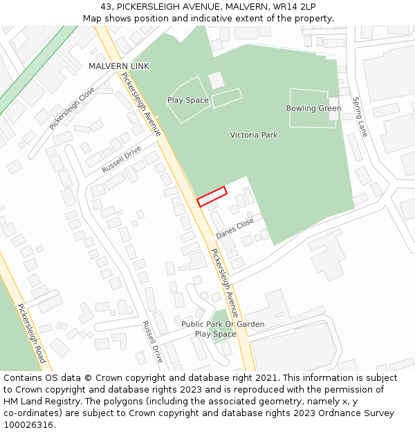 43, PICKERSLEIGH AVENUE, MALVERN, WR14 2LP: Location map and indicative extent of plot
