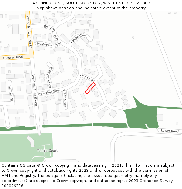 43, PINE CLOSE, SOUTH WONSTON, WINCHESTER, SO21 3EB: Location map and indicative extent of plot