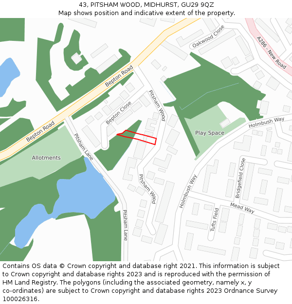 43, PITSHAM WOOD, MIDHURST, GU29 9QZ: Location map and indicative extent of plot