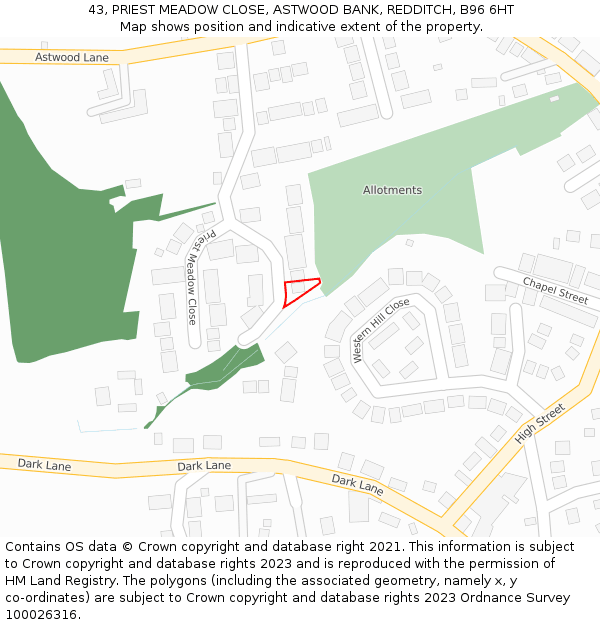43, PRIEST MEADOW CLOSE, ASTWOOD BANK, REDDITCH, B96 6HT: Location map and indicative extent of plot