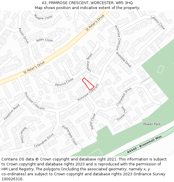 43, PRIMROSE CRESCENT, WORCESTER, WR5 3HQ: Location map and indicative extent of plot