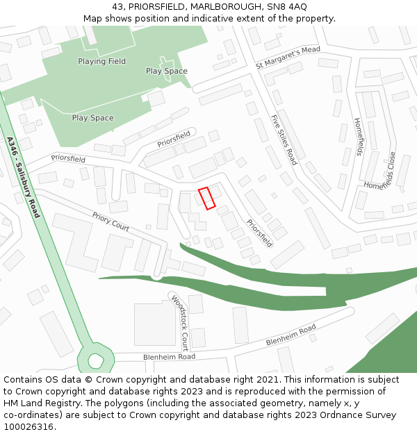 43, PRIORSFIELD, MARLBOROUGH, SN8 4AQ: Location map and indicative extent of plot