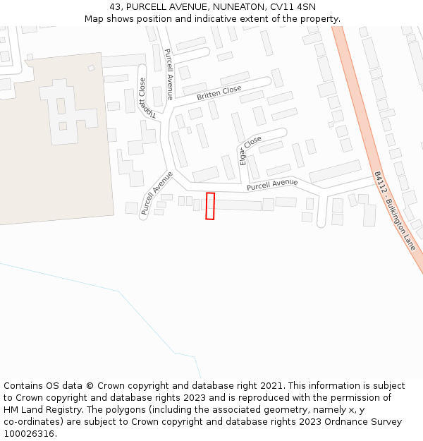 43, PURCELL AVENUE, NUNEATON, CV11 4SN: Location map and indicative extent of plot