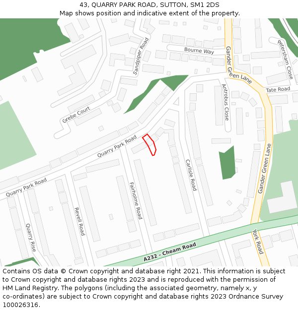 43, QUARRY PARK ROAD, SUTTON, SM1 2DS: Location map and indicative extent of plot