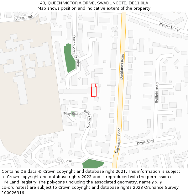 43, QUEEN VICTORIA DRIVE, SWADLINCOTE, DE11 0LA: Location map and indicative extent of plot