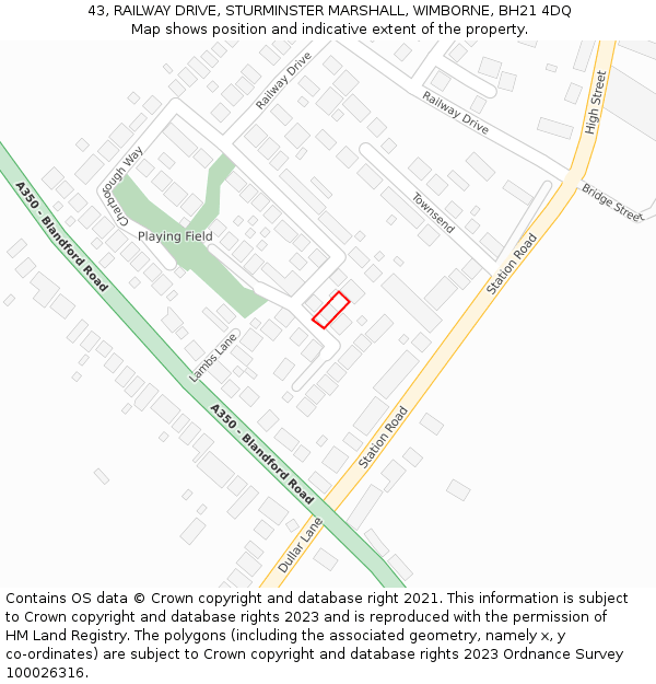 43, RAILWAY DRIVE, STURMINSTER MARSHALL, WIMBORNE, BH21 4DQ: Location map and indicative extent of plot