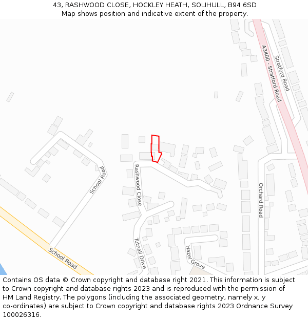 43, RASHWOOD CLOSE, HOCKLEY HEATH, SOLIHULL, B94 6SD: Location map and indicative extent of plot