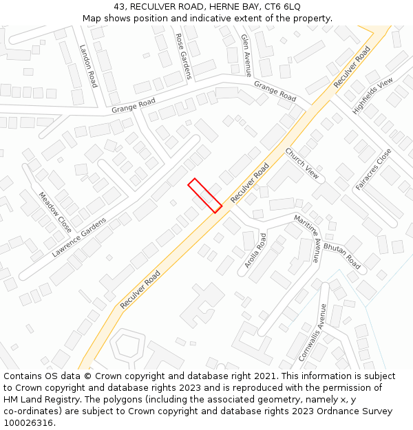 43, RECULVER ROAD, HERNE BAY, CT6 6LQ: Location map and indicative extent of plot