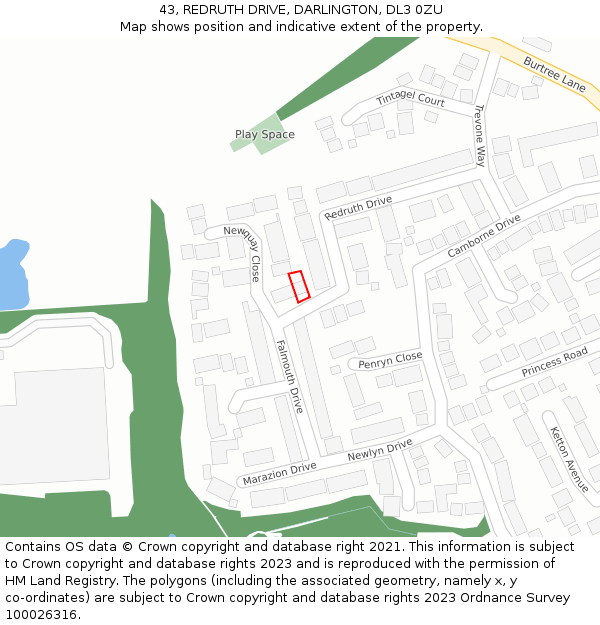 43, REDRUTH DRIVE, DARLINGTON, DL3 0ZU: Location map and indicative extent of plot