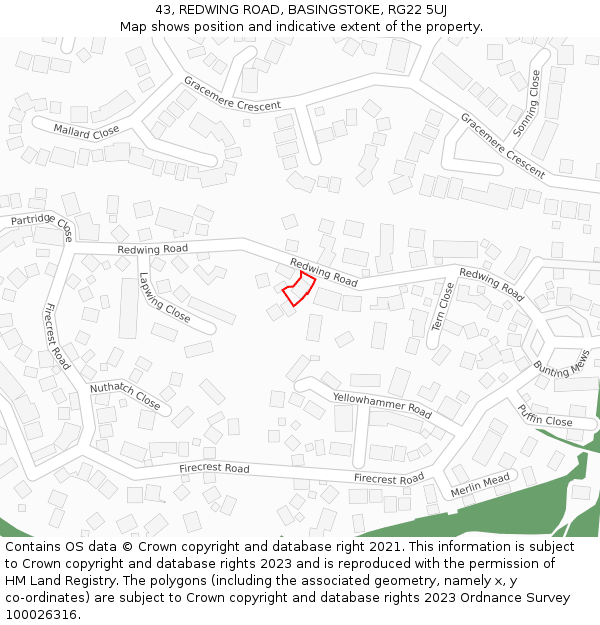 43, REDWING ROAD, BASINGSTOKE, RG22 5UJ: Location map and indicative extent of plot