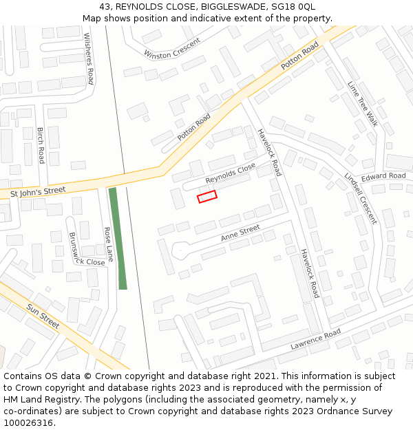 43, REYNOLDS CLOSE, BIGGLESWADE, SG18 0QL: Location map and indicative extent of plot