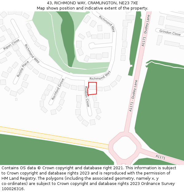 43, RICHMOND WAY, CRAMLINGTON, NE23 7XE: Location map and indicative extent of plot