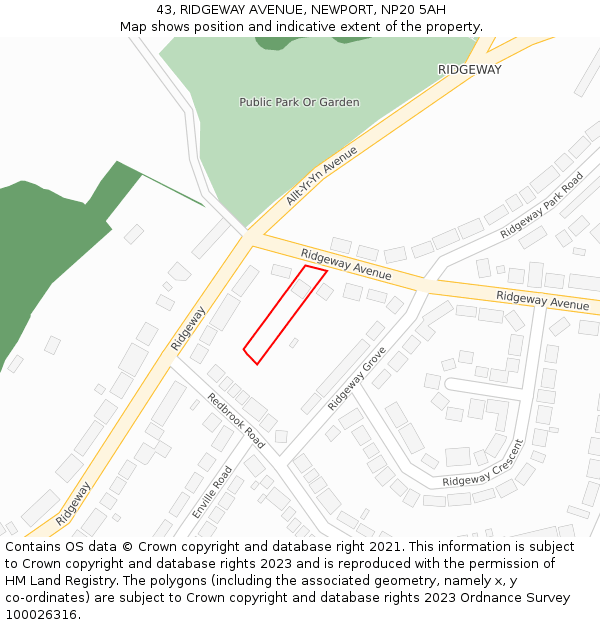 43, RIDGEWAY AVENUE, NEWPORT, NP20 5AH: Location map and indicative extent of plot